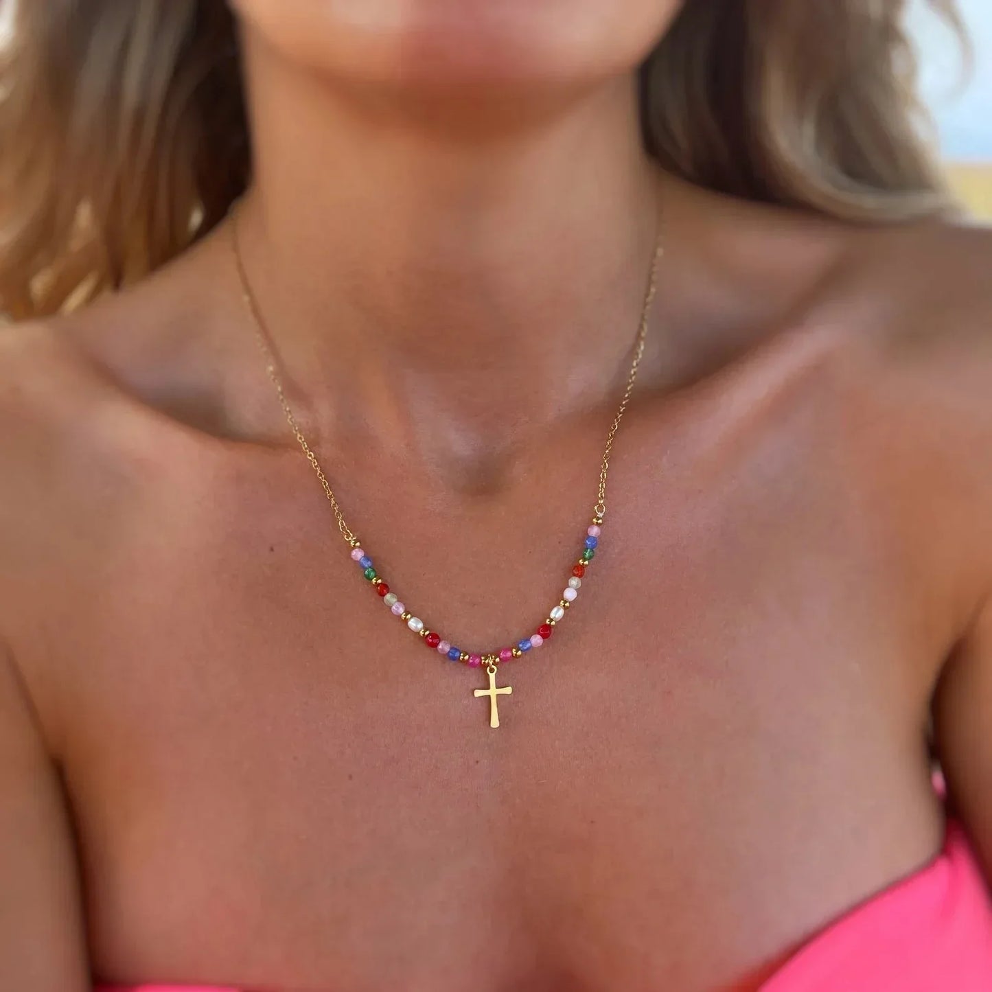 Cymone - Collar de Cruz con Cuentas de Fe