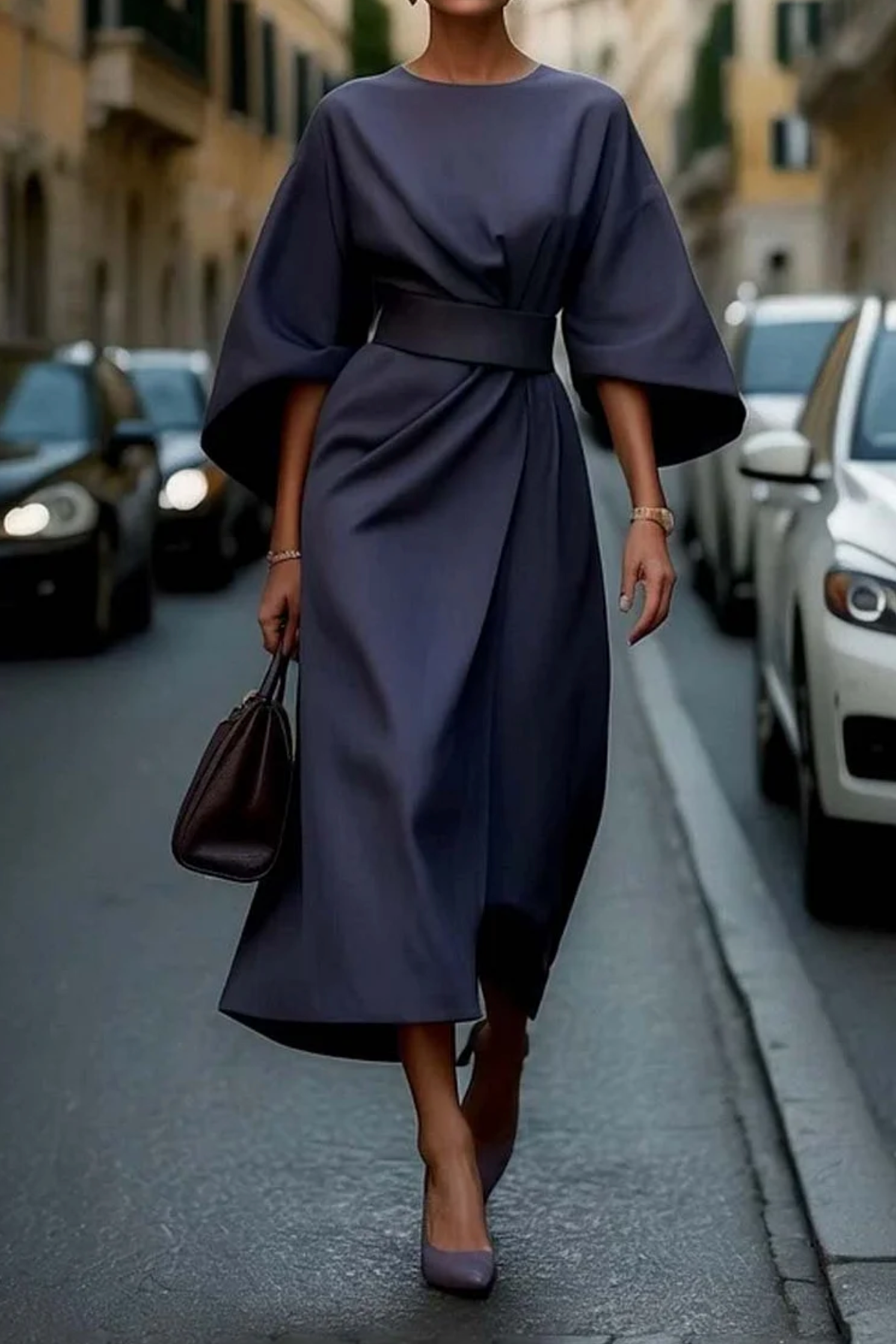 Sofía - elegante vestido con mangas abullonadas y cinturón.