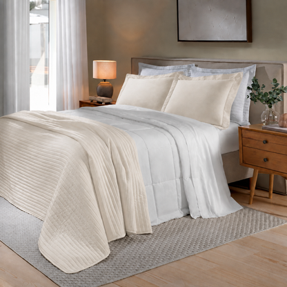 [10 PIEZAS] Juego de Cama Siena de 300 Hilos 100% Algodón con Cubrecama y Manta Decorativa + Set de Toallas Premium de Regalo