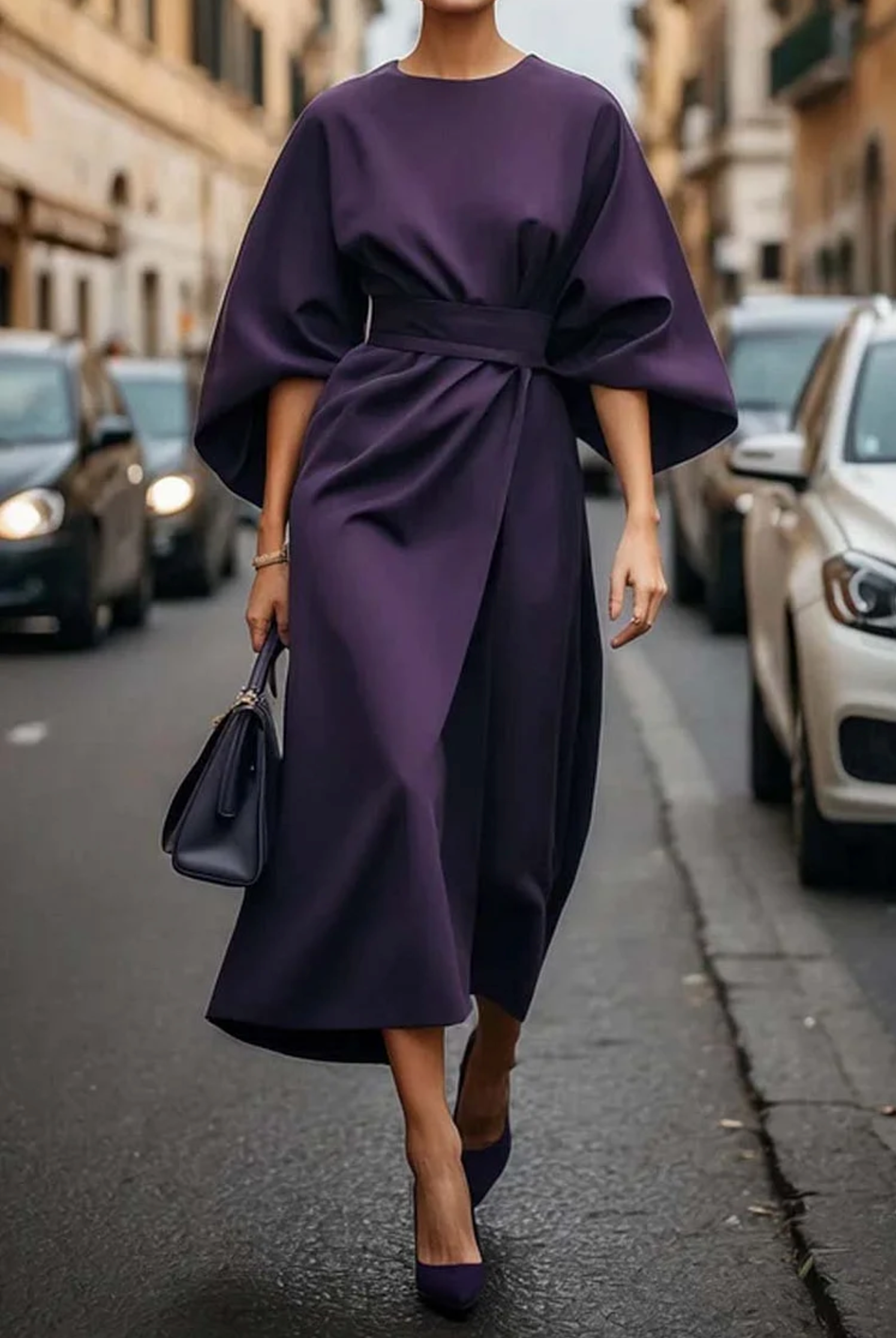 Sofía - elegante vestido con mangas abullonadas y cinturón.